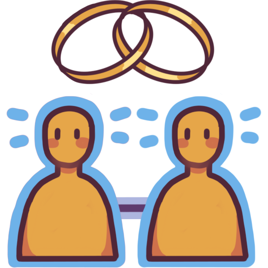 two people highlighted in blue and connected by a purple line, with a pair of interlocking rings above them.